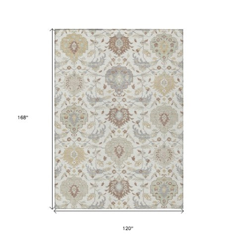 Homeroots 3' Artichoke Green Brown Ivory Damask Washable Area Rug For Indoor Outdoor Spaces, Durable Design 10' X 14' Polyester 599429