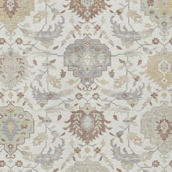 Homeroots 3' Artichoke Green Brown Ivory Damask Washable Area Rug For Indoor Outdoor Spaces, Durable Design 10' X 14' Polyester 599429