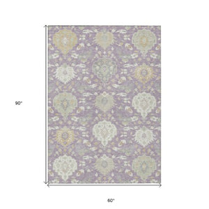 Homeroots 3' Artichoke Green Brown Ivory Damask Washable Area Rug For Indoor Outdoor Spaces, Durable Design 5' X 8' Polyester 599431