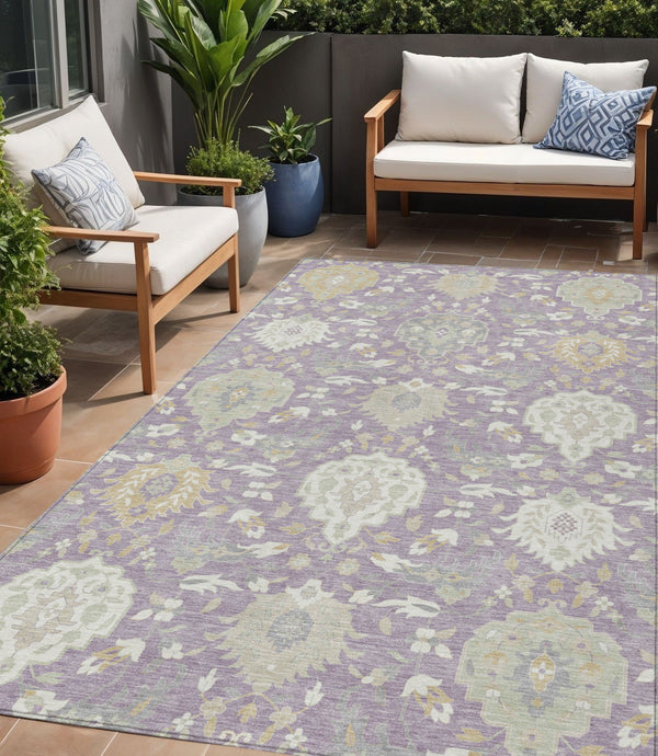Homeroots 3' Artichoke Green Brown Ivory Damask Washable Area Rug For Indoor Outdoor Spaces, Durable Design 5' X 8' Polyester 599431