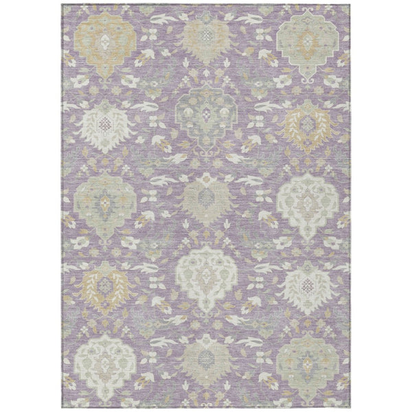HomeRoots 5' Elegant Lavender, Gold & Green Damask Area Rug - Washable Indoor/Outdoor for Timeless Style 5' X 8' 599431