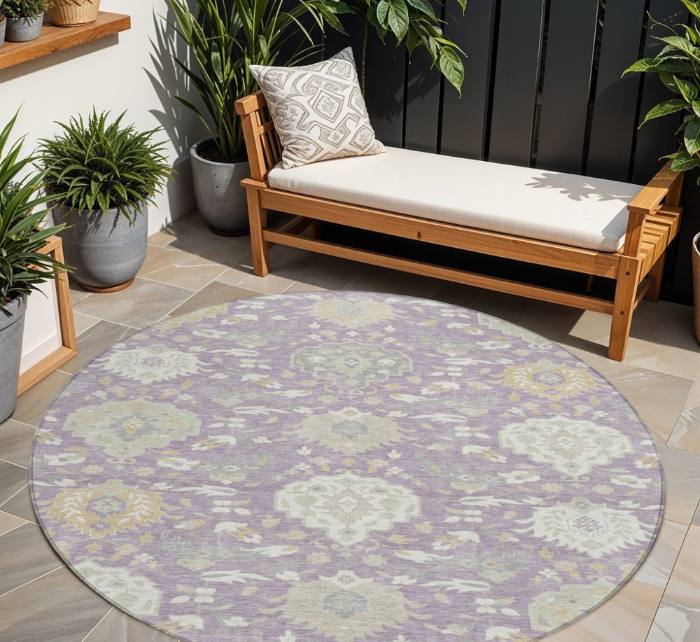 HomeRoots 5' Elegant Lavender, Gold & Green Damask Area Rug - Washable Indoor/Outdoor for Timeless Style 8' Round 599432