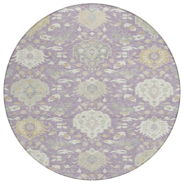 HomeRoots 5' Elegant Lavender, Gold & Green Damask Area Rug - Washable Indoor/Outdoor for Timeless Style 8' Round 599432