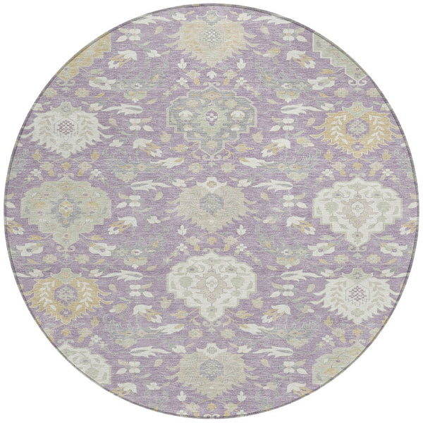 Homeroots 3' Artichoke Green Brown Ivory Damask Washable Area Rug For Indoor Outdoor Spaces, Durable Design 8' Round Polyester 599432