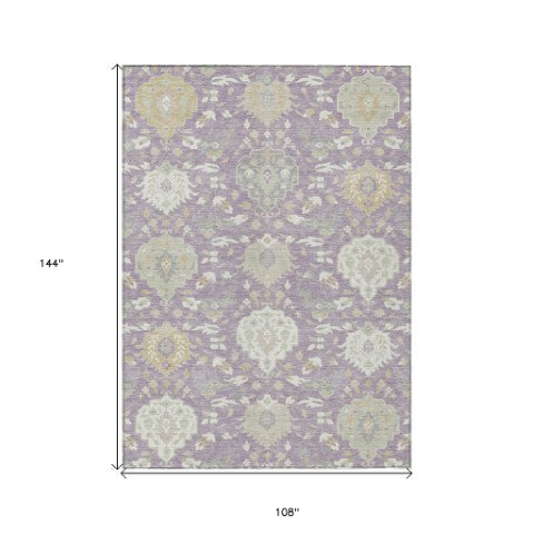 Homeroots 3' Artichoke Green Brown Ivory Damask Washable Area Rug For Indoor Outdoor Spaces, Durable Design 9' X 12' Polyester 599434