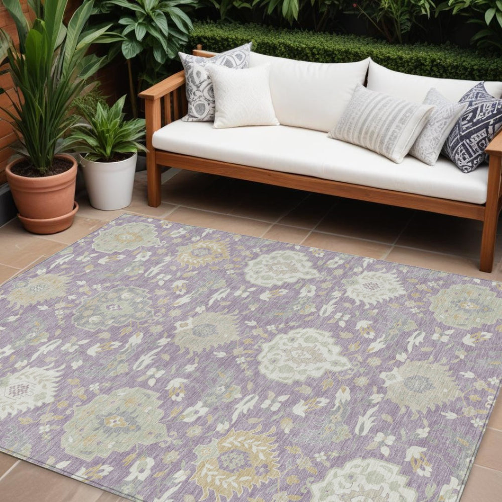 HomeRoots 9' X 12' Elegant Lavender, Gold & Green Damask Area Rug - Stylish, Durable, Washable for Indoor/Outdoor Use 599434