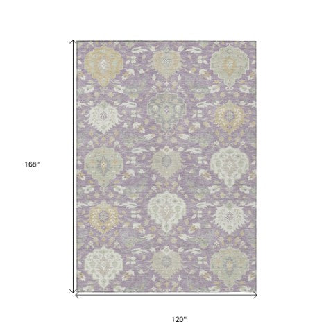 Homeroots 3' Artichoke Green Brown Ivory Damask Washable Area Rug For Indoor Outdoor Spaces, Durable Design 10' X 14' Polyester 599435