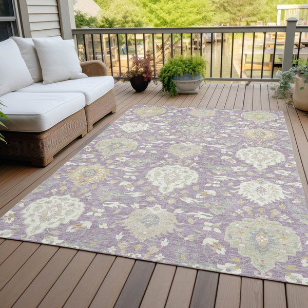 Homeroots 3' Artichoke Green Brown Ivory Damask Washable Area Rug For Indoor Outdoor Spaces, Durable Design 10' X 14' Polyester 599435