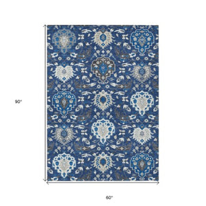 Homeroots 3' Artichoke Green Brown Ivory Damask Washable Area Rug For Indoor Outdoor Spaces, Durable Design 5' X 8' Polyester 599437