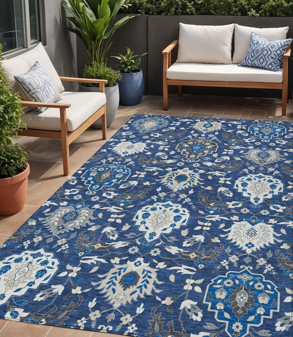 Homeroots 3' Artichoke Green Brown Ivory Damask Washable Area Rug For Indoor Outdoor Spaces, Durable Design 5' X 8' Polyester 599437