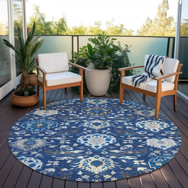 Homeroots 3' Artichoke Green Brown Ivory Damask Washable Area Rug For Indoor Outdoor Spaces, Durable Design 8' Round Polyester 599438