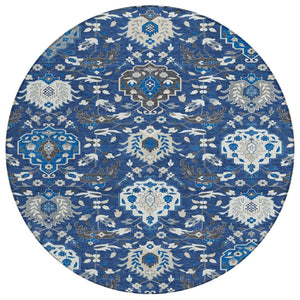 HomeRoots 5' Elegant Navy Blue and Charcoal Damask Area Rug - Durable, Washable, Indoor-Outdoor Versatile Design 8' Round 599438