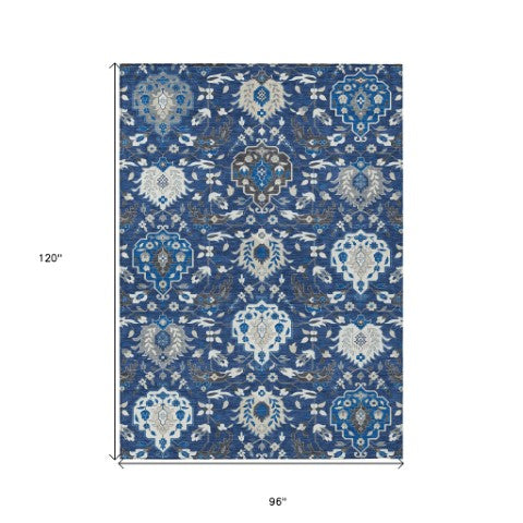 Homeroots 3' Artichoke Green Brown Ivory Damask Washable Area Rug For Indoor Outdoor Spaces, Durable Design 8' X 10' Polyester 599439