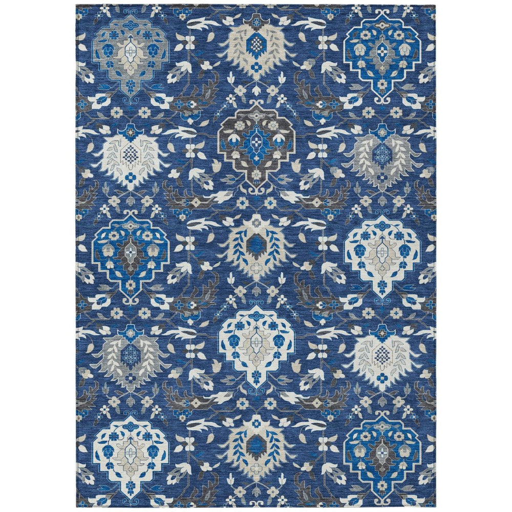 HomeRoots 5' Elegant Navy Blue and Charcoal Damask Area Rug - Durable, Washable, Indoor-Outdoor Versatile Design 8' X 10' 599439
