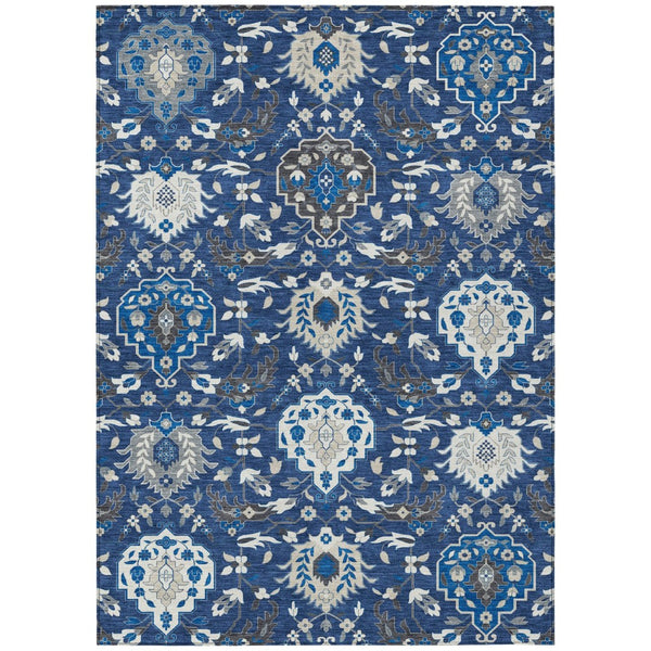 HomeRoots 5' Elegant Navy Blue and Charcoal Damask Area Rug - Durable, Washable, Indoor-Outdoor Versatile Design 8' X 10' 599439