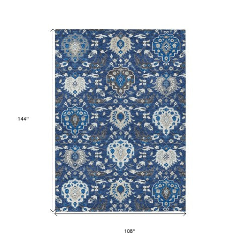 Homeroots 3' Artichoke Green Brown Ivory Damask Washable Area Rug For Indoor Outdoor Spaces, Durable Design 9' X 12' Polyester 599440