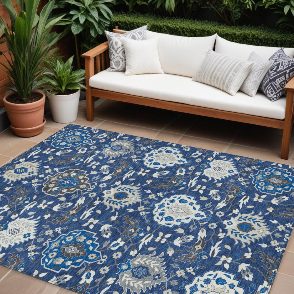 HomeRoots 9' x 12' Navy Blue Charcoal Ivory Damask Area Rug – Stylish, Washable, Durable for Indoor & Outdoor Use 599440