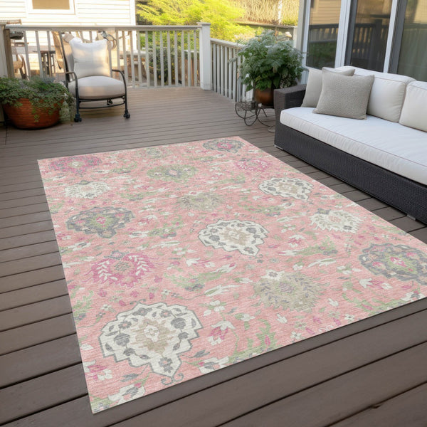 Homeroots 3' Artichoke Green Brown Ivory Damask Washable Area Rug For Indoor Outdoor Spaces, Durable Design 3' X 5' Polyester 599442