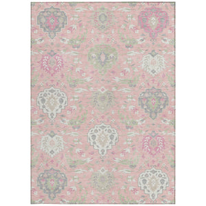 Homeroots 3' Artichoke Green Brown Ivory Damask Washable Area Rug For Indoor Outdoor Spaces, Durable Design 5' X 8' Polyester 599443