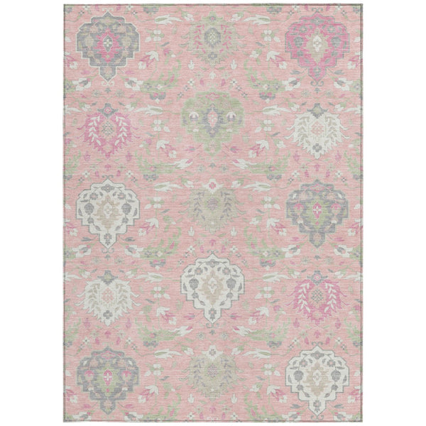 Homeroots 3' Artichoke Green Brown Ivory Damask Washable Area Rug For Indoor Outdoor Spaces, Durable Design 5' X 8' Polyester 599443