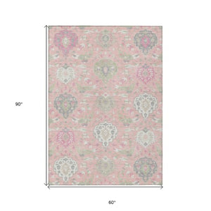 Homeroots 3' Artichoke Green Brown Ivory Damask Washable Area Rug For Indoor Outdoor Spaces, Durable Design 5' X 8' Polyester 599443