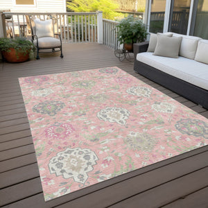 Homeroots 3' Artichoke Green Brown Ivory Damask Washable Area Rug For Indoor Outdoor Spaces, Durable Design 5' X 8' Polyester 599443