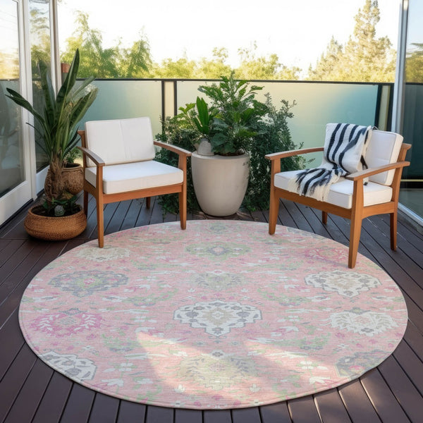 Homeroots 3' Artichoke Green Brown Ivory Damask Washable Area Rug For Indoor Outdoor Spaces, Durable Design 8' Round Polyester 599444