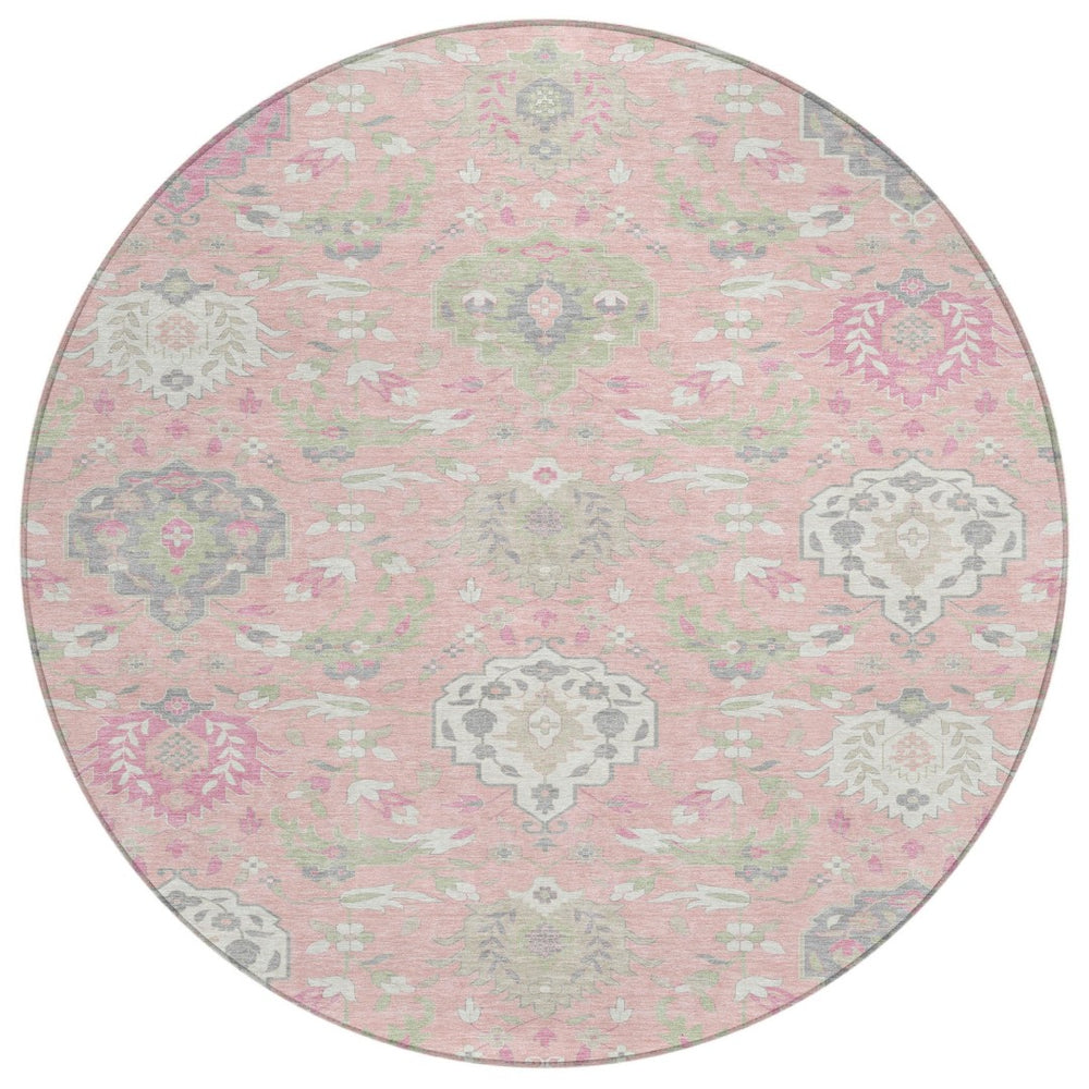 HomeRoots 5' Elegant Damask Area Rug in Pink, Ivory & Gray - Washable, Durable Design for Indoor & Outdoor Use 8' Round 599444