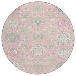HomeRoots 5' Elegant Damask Area Rug in Pink, Ivory & Gray - Washable, Durable Design for Indoor & Outdoor Use 8' Round 599444