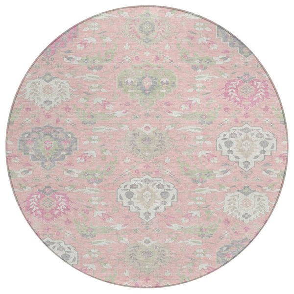 HomeRoots 5' Elegant Damask Area Rug in Pink, Ivory & Gray - Washable, Durable Design for Indoor & Outdoor Use 8' Round 599444
