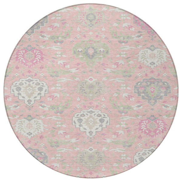 Homeroots 3' Artichoke Green Brown Ivory Damask Washable Area Rug For Indoor Outdoor Spaces, Durable Design 8' Round Polyester 599444