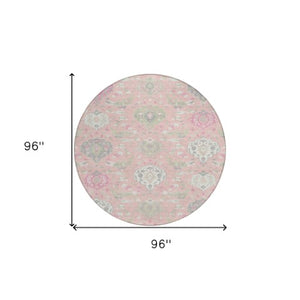 Homeroots 3' Artichoke Green Brown Ivory Damask Washable Area Rug For Indoor Outdoor Spaces, Durable Design 8' Round Polyester 599444