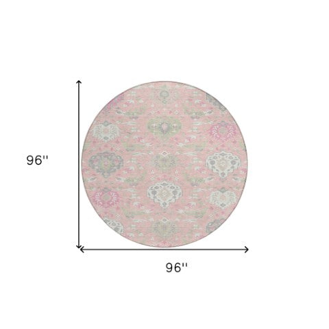 Homeroots 3' Artichoke Green Brown Ivory Damask Washable Area Rug For Indoor Outdoor Spaces, Durable Design 8' Round Polyester 599444