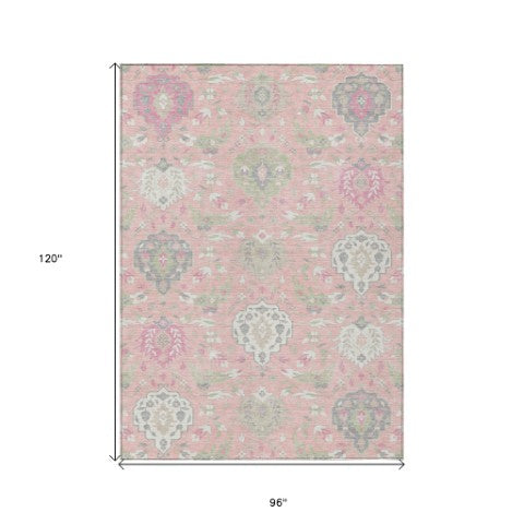 Homeroots 3' Artichoke Green Brown Ivory Damask Washable Area Rug For Indoor Outdoor Spaces, Durable Design 8' X 10' Polyester 599445