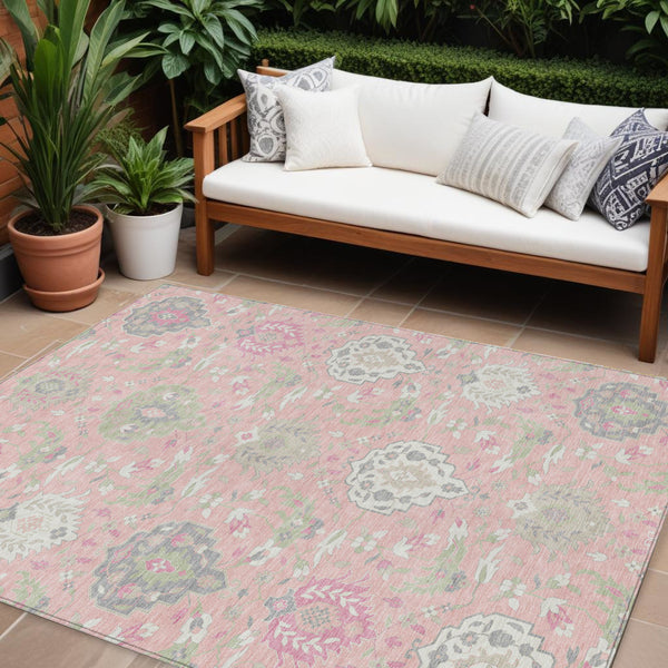 Homeroots 3' Artichoke Green Brown Ivory Damask Washable Area Rug For Indoor Outdoor Spaces, Durable Design 9' X 12' Polyester 599446