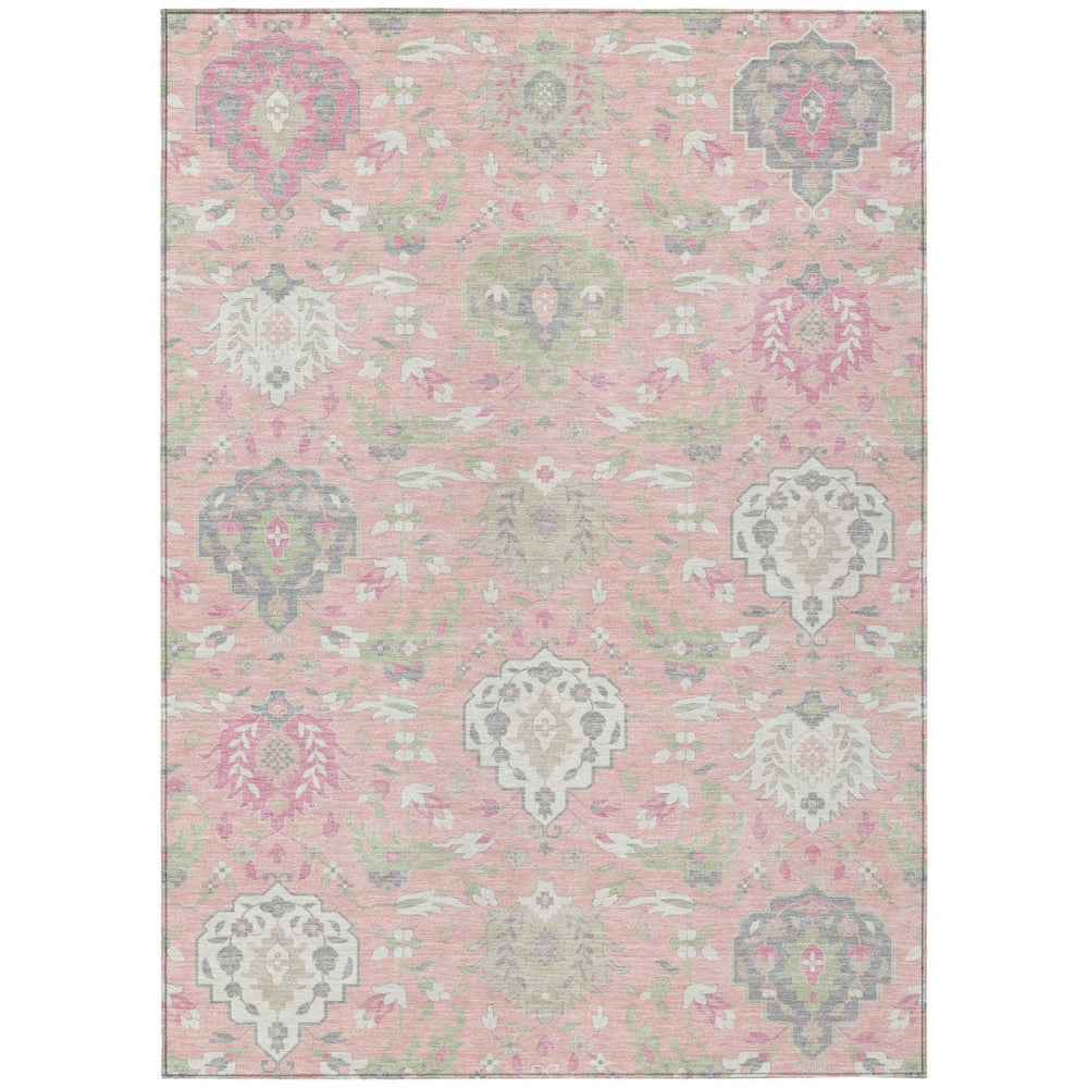 HomeRoots 9' Pink Ivory Gray Damask Washable Area Rug – Elegant Indoor Outdoor Design for High Traffic Spaces 599446