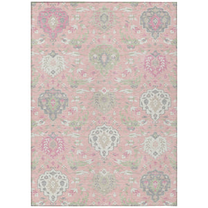 HomeRoots 5' Elegant Damask Area Rug in Pink, Ivory & Gray - Washable, Durable Design for Indoor & Outdoor Use 10' X 14' 599447