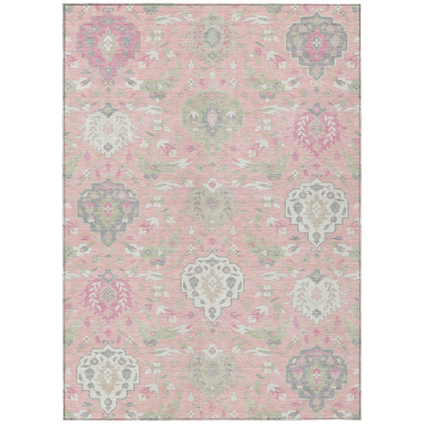 HomeRoots 5' Elegant Damask Area Rug in Pink, Ivory & Gray - Washable, Durable Design for Indoor & Outdoor Use 10' X 14' 599447
