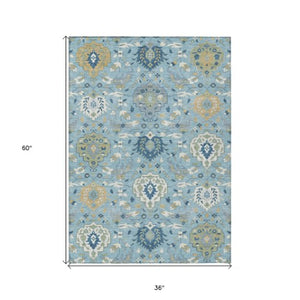 Homeroots 3' Artichoke Green Brown Ivory Damask Washable Area Rug For Indoor Outdoor Spaces, Durable Design 3' X 5' Polyester 599448