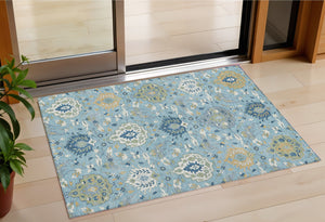 Homeroots 3' Artichoke Green Brown Ivory Damask Washable Area Rug For Indoor Outdoor Spaces, Durable Design 3' X 5' Polyester 599448