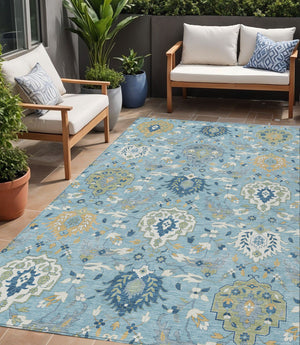 Homeroots 3' Artichoke Green Brown Ivory Damask Washable Area Rug For Indoor Outdoor Spaces, Durable Design 5' X 8' Polyester 599449