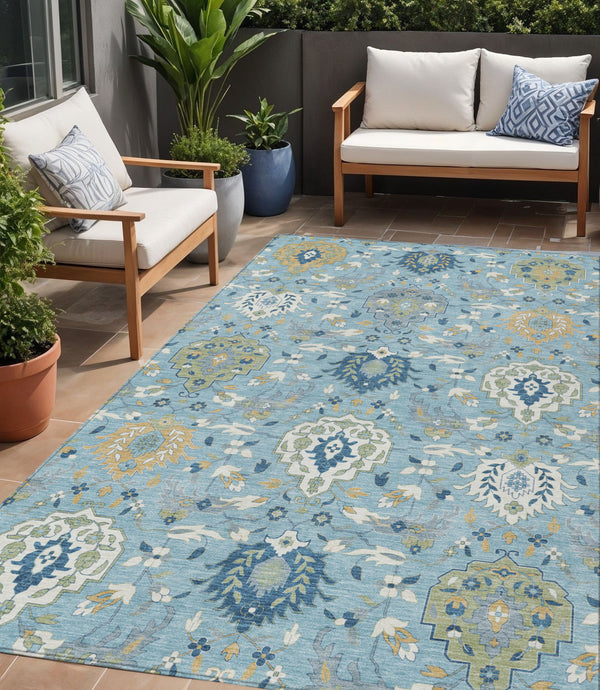 Homeroots 3' Artichoke Green Brown Ivory Damask Washable Area Rug For Indoor Outdoor Spaces, Durable Design 5' X 8' Polyester 599449