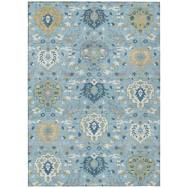 HomeRoots 5' Sky Blue, Ivory & Gold Damask Area Rug - Elegant, Durable, Washable for Indoor & Outdoor Use 5' X 8' 599449