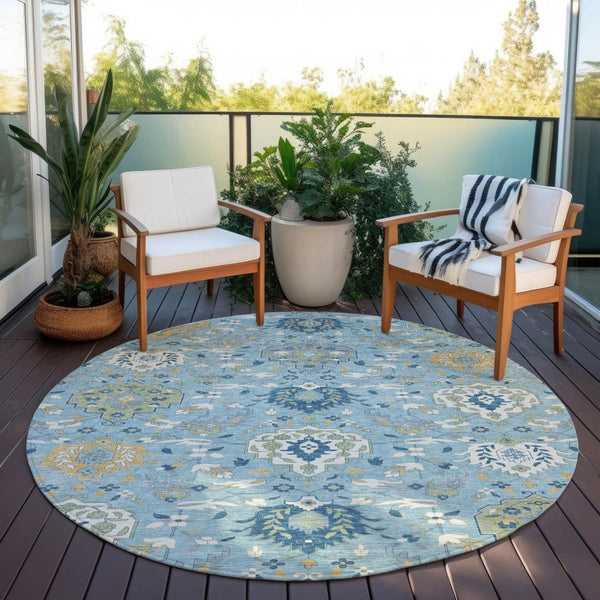 Homeroots 3' Artichoke Green Brown Ivory Damask Washable Area Rug For Indoor Outdoor Spaces, Durable Design 8' Round Polyester 599450