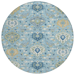 HomeRoots 5' Sky Blue, Ivory & Gold Damask Area Rug - Elegant, Durable, Washable for Indoor & Outdoor Use 8' Round 599450
