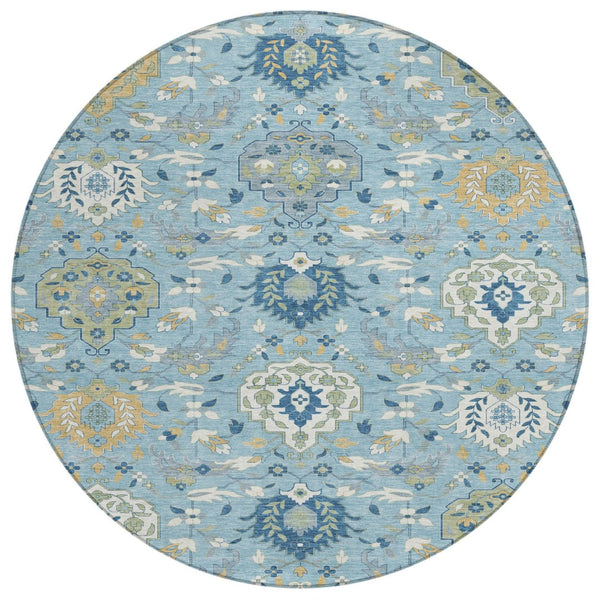 HomeRoots 5' Sky Blue, Ivory & Gold Damask Area Rug - Elegant, Durable, Washable for Indoor & Outdoor Use 8' Round 599450
