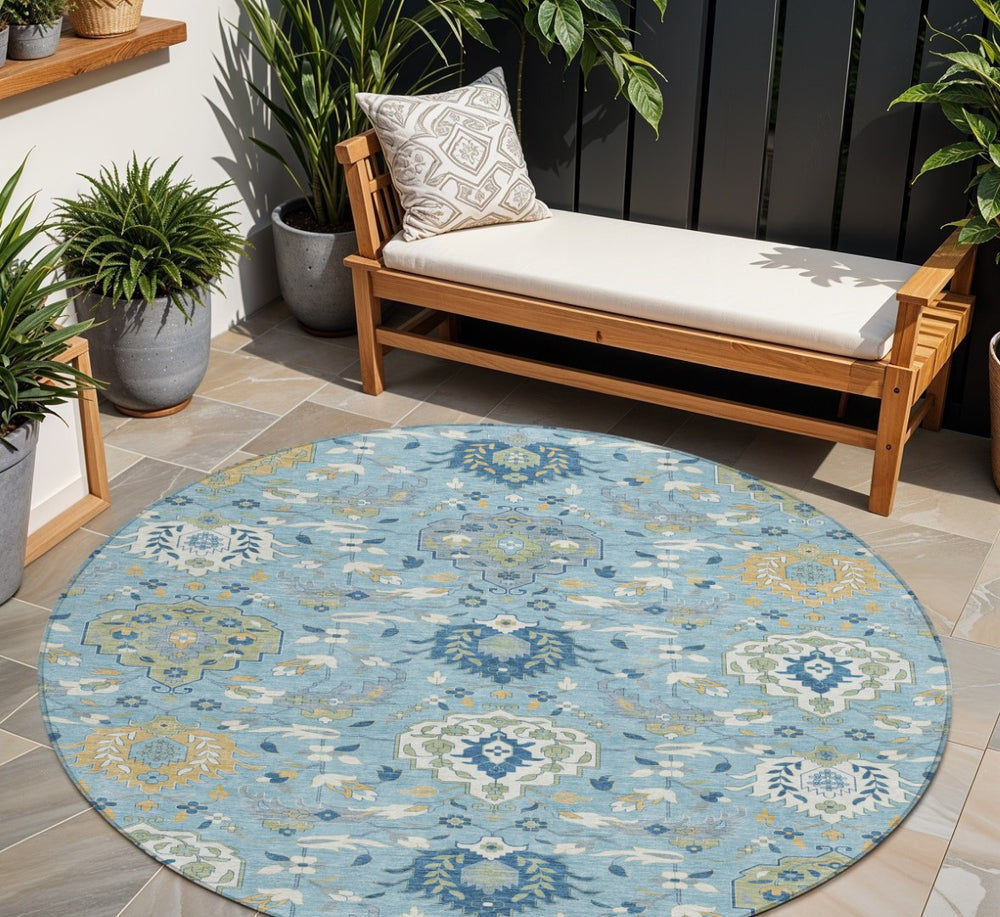 HomeRoots 5' Sky Blue, Ivory & Gold Damask Area Rug - Elegant, Durable, Washable for Indoor & Outdoor Use 8' Round 599450