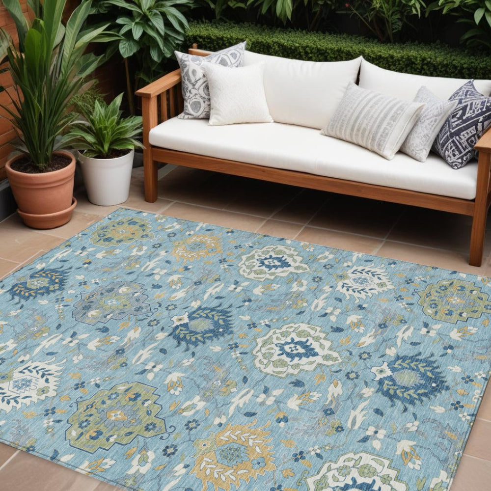 HomeRoots 9' Sky Blue, Ivory & Gold Damask Area Rug - Washable & Durable for Indoor/Outdoor Elegance 599452