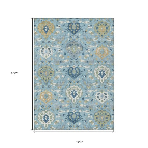 Homeroots 3' Artichoke Green Brown Ivory Damask Washable Area Rug For Indoor Outdoor Spaces, Durable Design 10' X 14' Polyester 599453