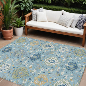 Homeroots 3' Artichoke Green Brown Ivory Damask Washable Area Rug For Indoor Outdoor Spaces, Durable Design 10' X 14' Polyester 599453